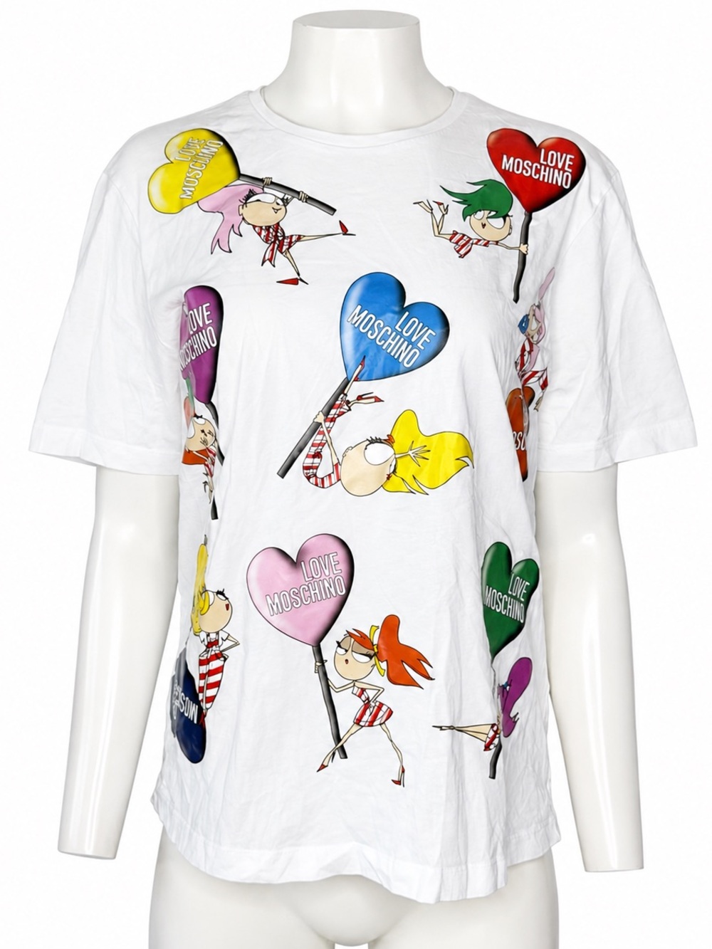 Love Moschino Women’s Cartoon Heart Graphic White T-Shirt US 2 IT 38